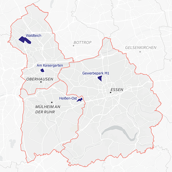 Das INVITING Projektgebiet umfasst die MEO-Region, bestehend aus den Städten Essen, Mülheim an der Ruhr und Oberhausen. Im Fokus sind dabei die Gewerbegebiete Gewerbepark M1, Heißen-Ost, Am Kaisergarten und Waldteich